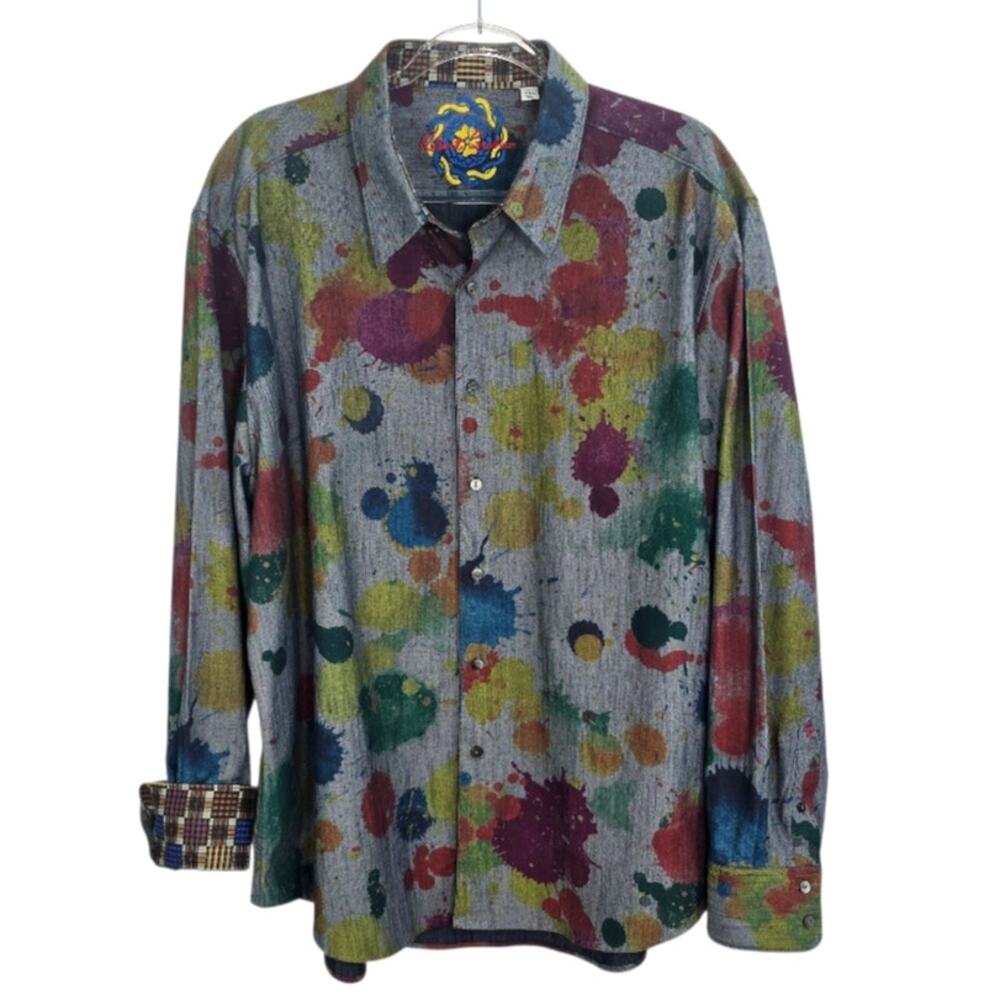 Robert Graham Classic Fit Paint Splatter Denim Button Shirt Plaid Cuffs Size 3XL